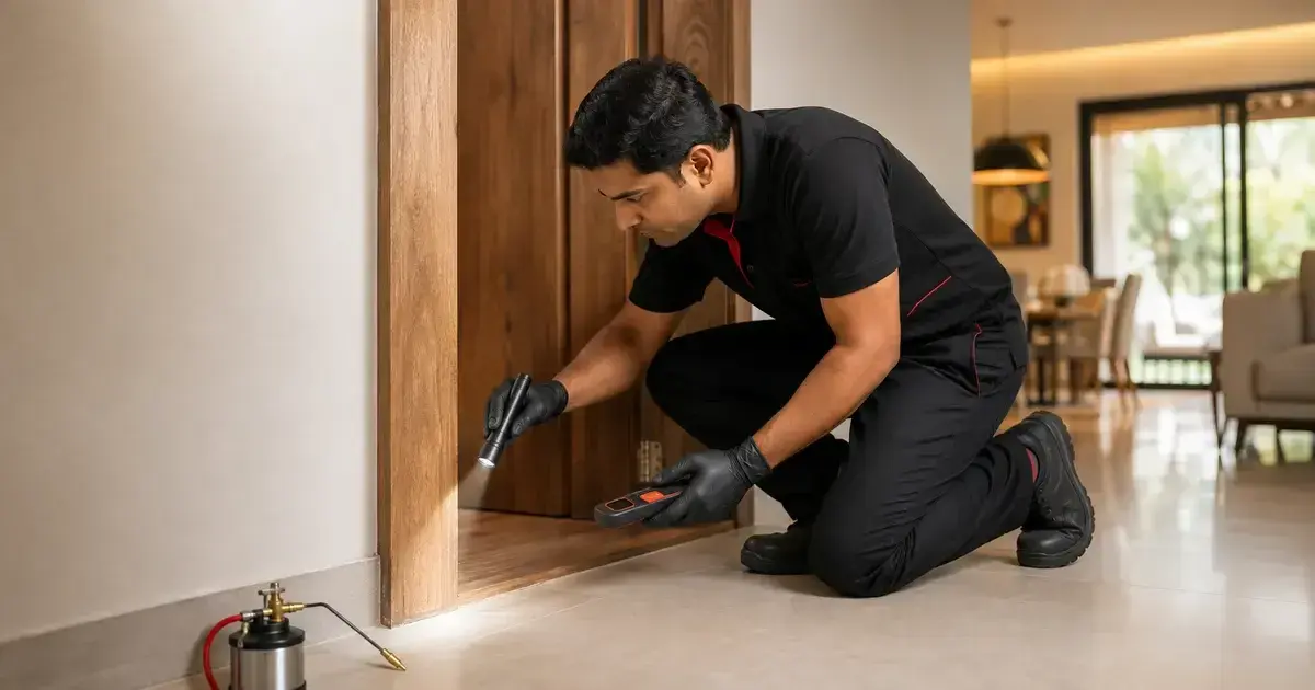 Pest control technician inspecting a wooden door frame for termite activity