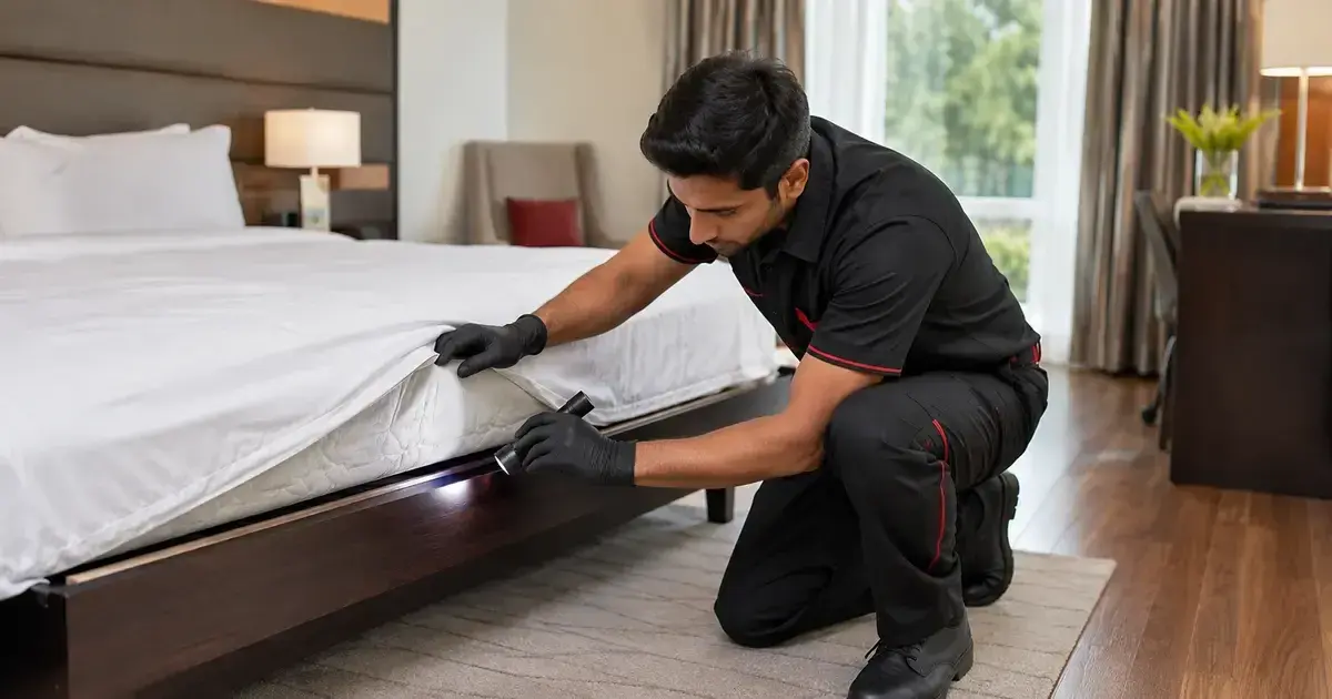 Professional pest control technician inspecting a hotel mattress for signs of bed bugs