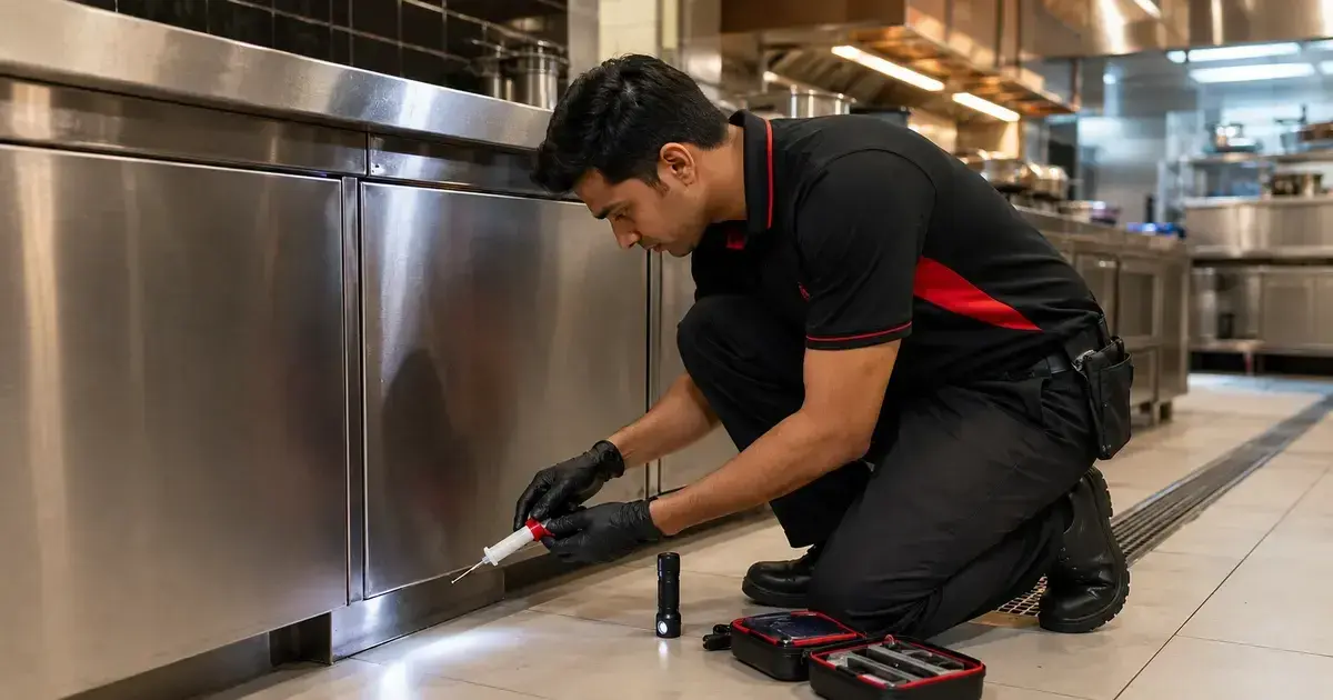 Pest control technician applying targeted cockroach gel bait in a commercial kitchen