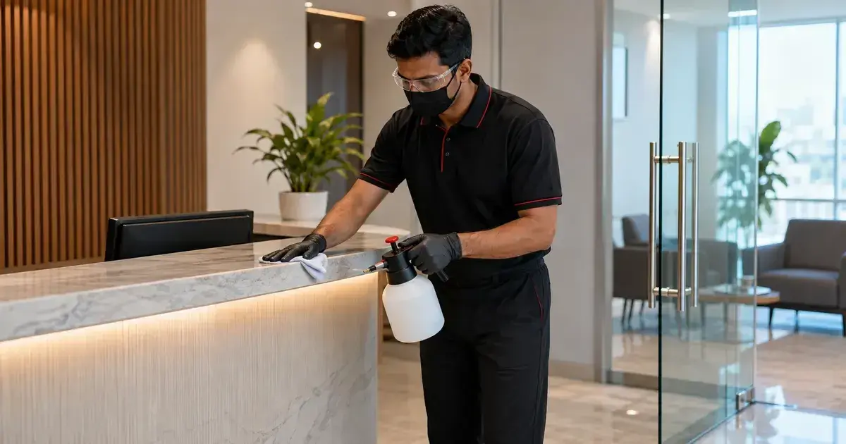 Professional technician disinfecting a reception counter in a modern office