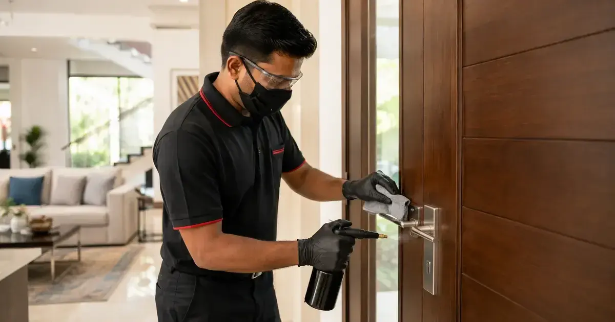 Professional hygiene technician sanitising a door handle inside a modern villa