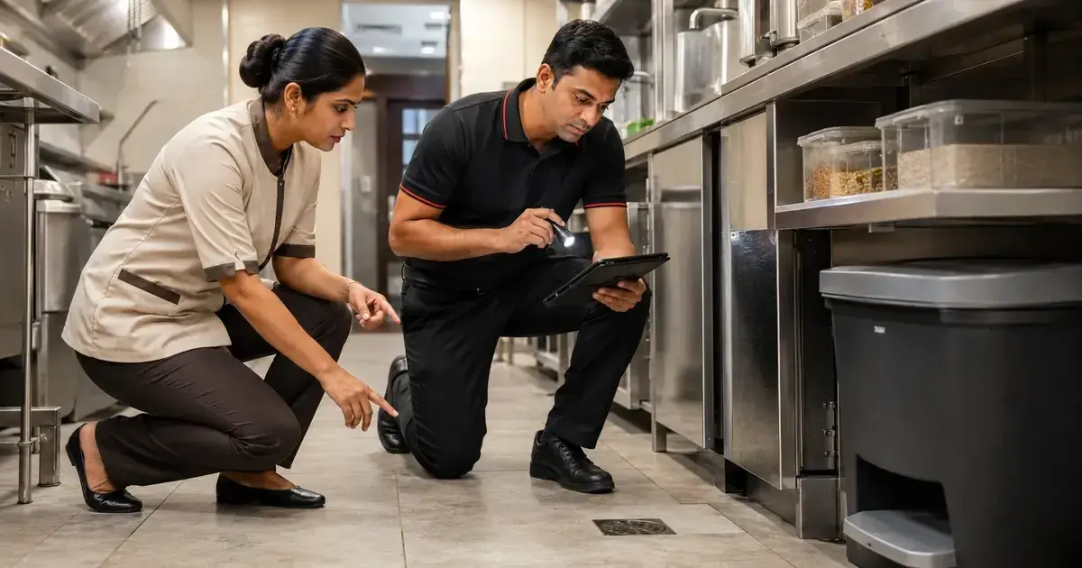 Pest control auditor and housekeeping supervisor inspecting a hotel kitchen