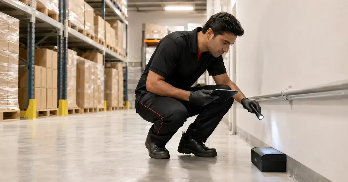Pest control technician checking a secured rodent monitoring station in a clean warehouse