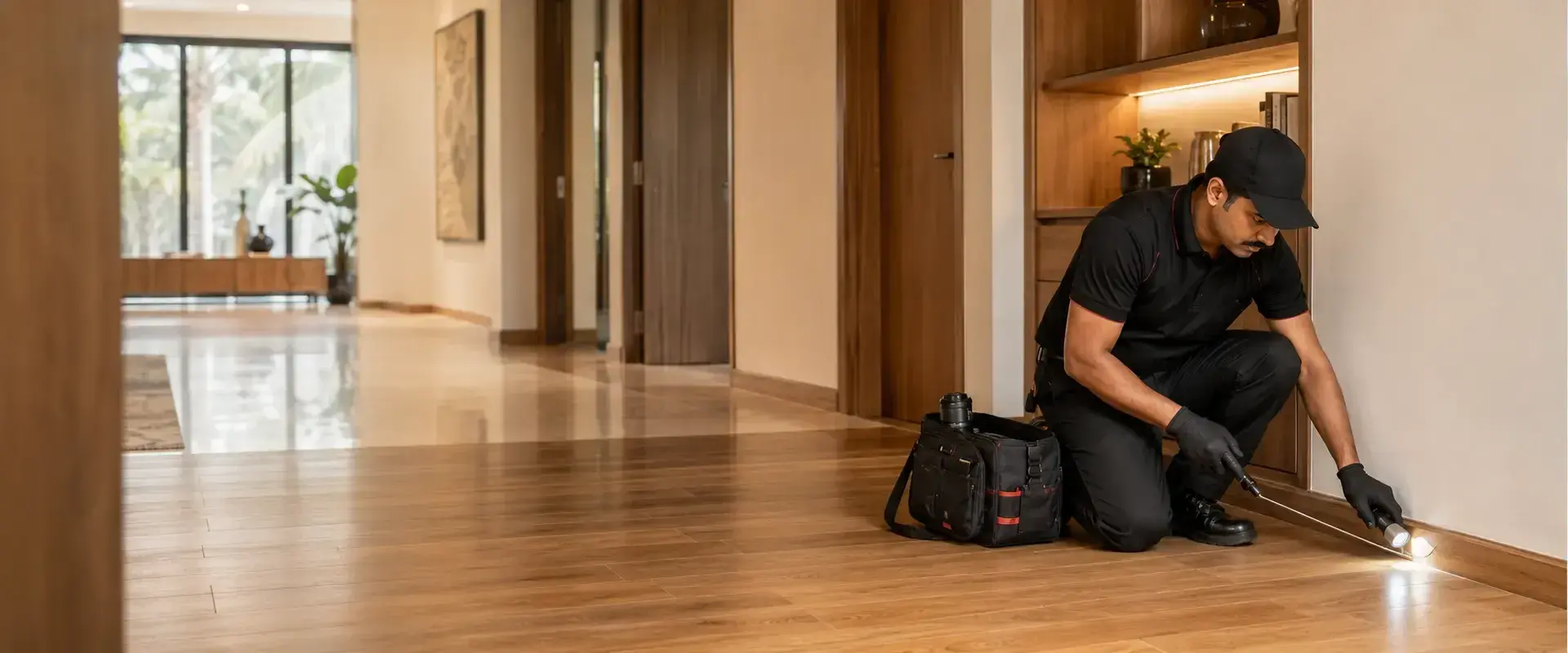 Technician inspecting wooden flooring for termite activity