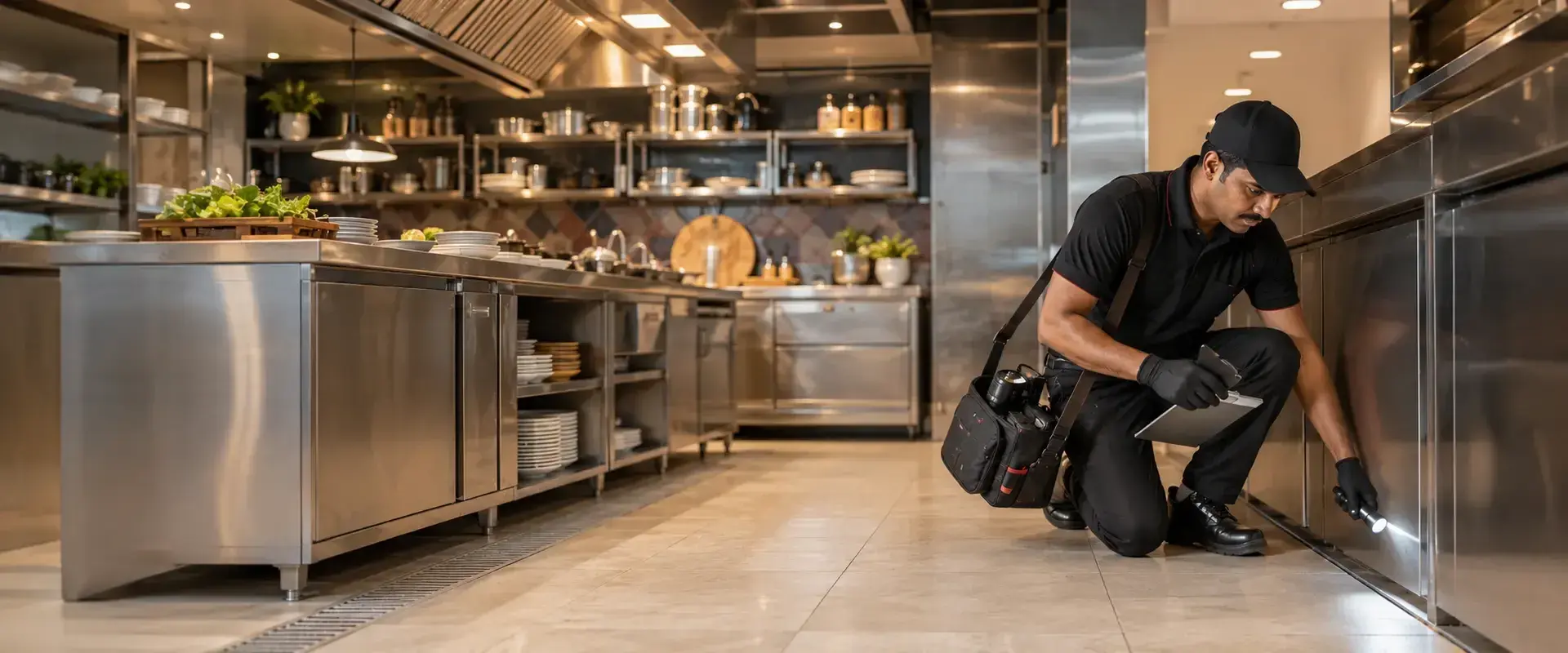 Pest control technician inspecting a premium commercial kitchen