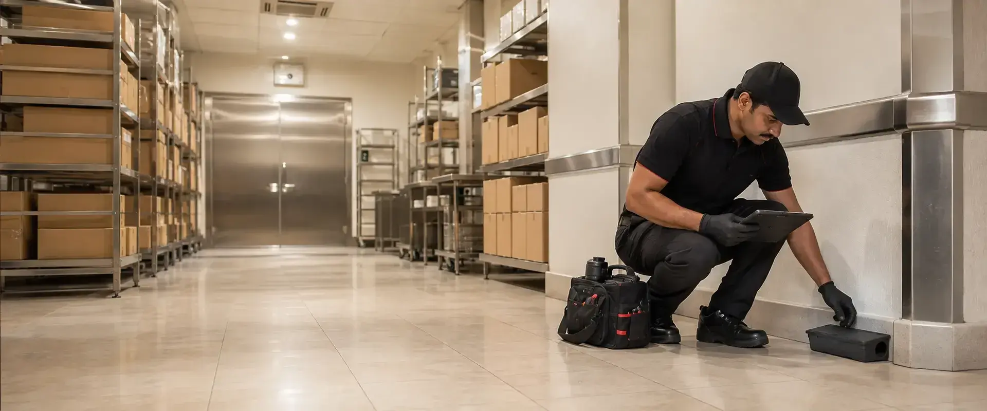 Technician monitoring pest activity in a commercial storage facility