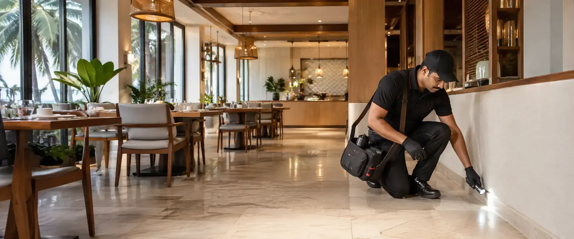 Professional pest control technician inspecting a premium commercial property