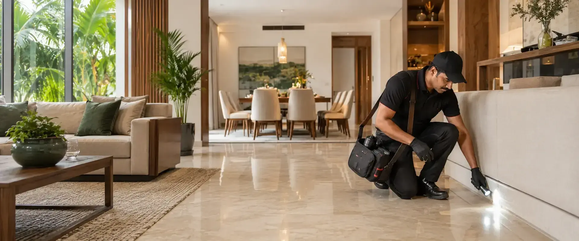 Professional residential pest control inspection in a modern villa