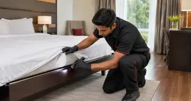 Professional pest control technician inspecting a hotel mattress for signs of bed bugs