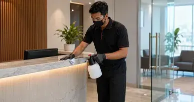 Professional technician disinfecting a reception counter in a modern office
