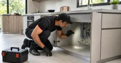 Professional pest control technician inspecting plumbing beneath a kitchen sink