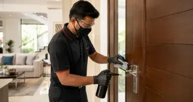 Professional hygiene technician sanitising a door handle inside a modern villa