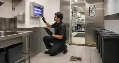 Pest control technician inspecting a housefly monitoring unit in a clean commercial kitchen