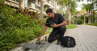 Pest control technician inspecting a landscaped drainage point for mosquito breeding risks