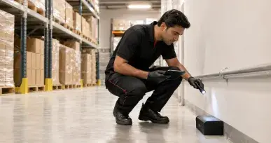Pest control technician checking a secured rodent monitoring station in a clean warehouse